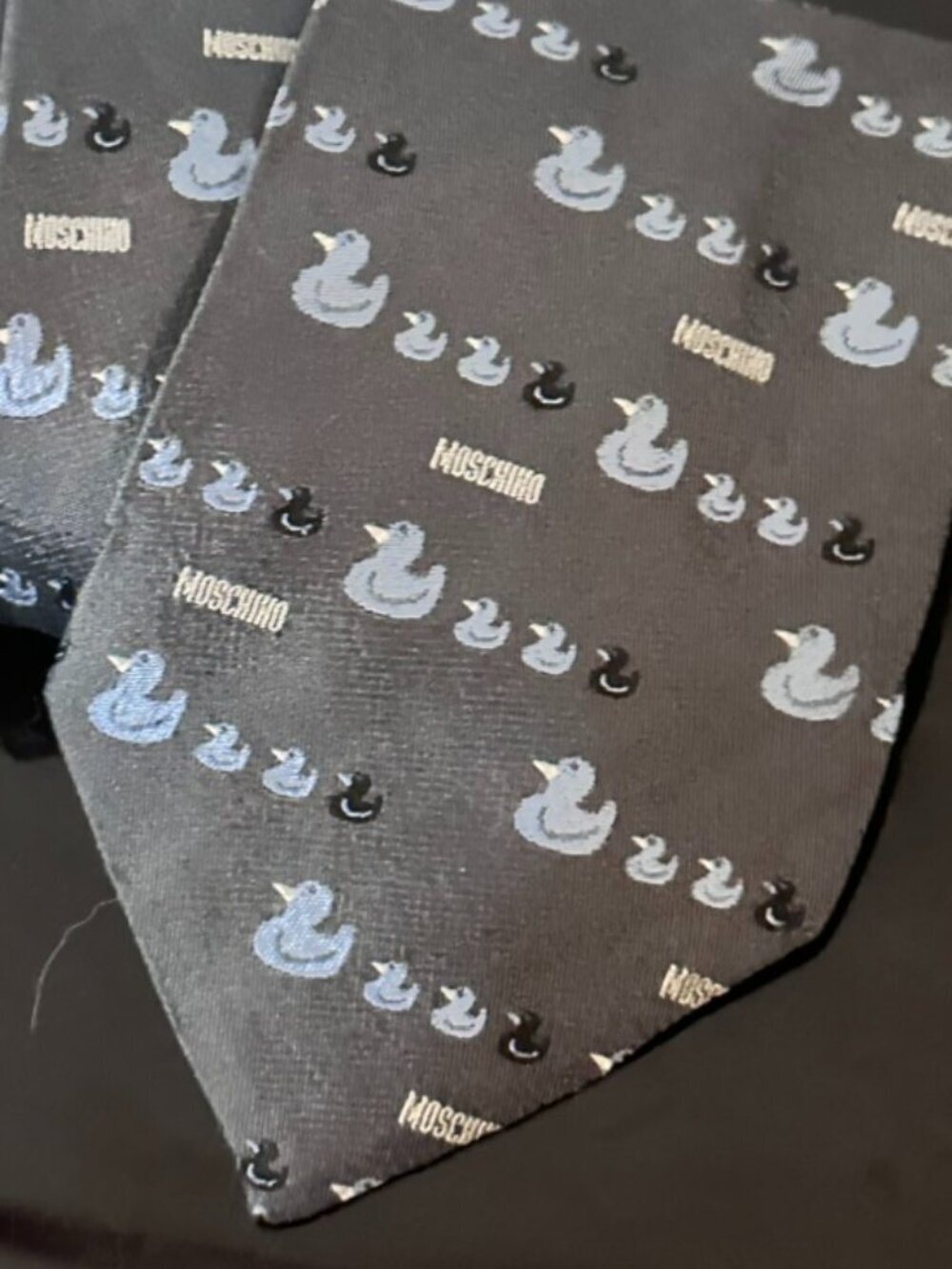 Moschino Collectors Item Necktie Silk Jacquard Rubber Ducky Duck Black Tie Gray